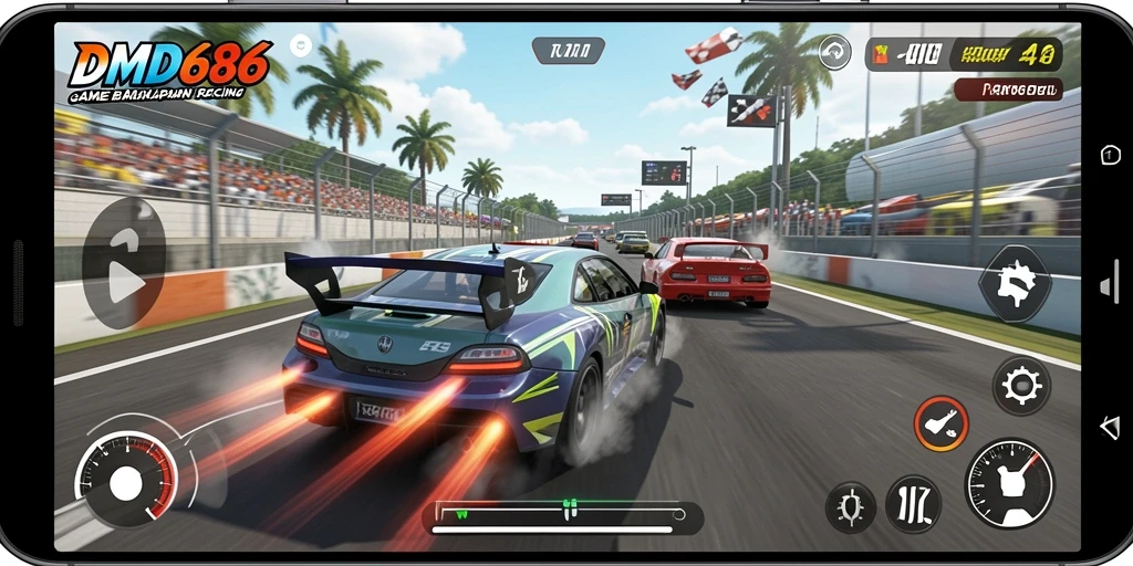 Gameplay menegangkan di DMD686 dengan mobil balap cepat.