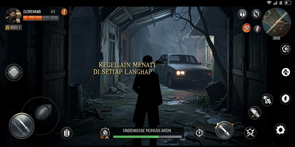 Screenshot DOREMI88 menampilkan suasana mencekam dengan karakter yang terperosok dalam kegelapan.