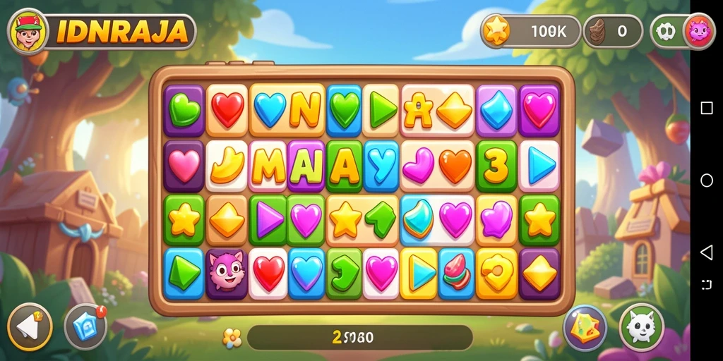 Tampilan gameplay seru dari IDNRAJA dengan tantangan match-3.