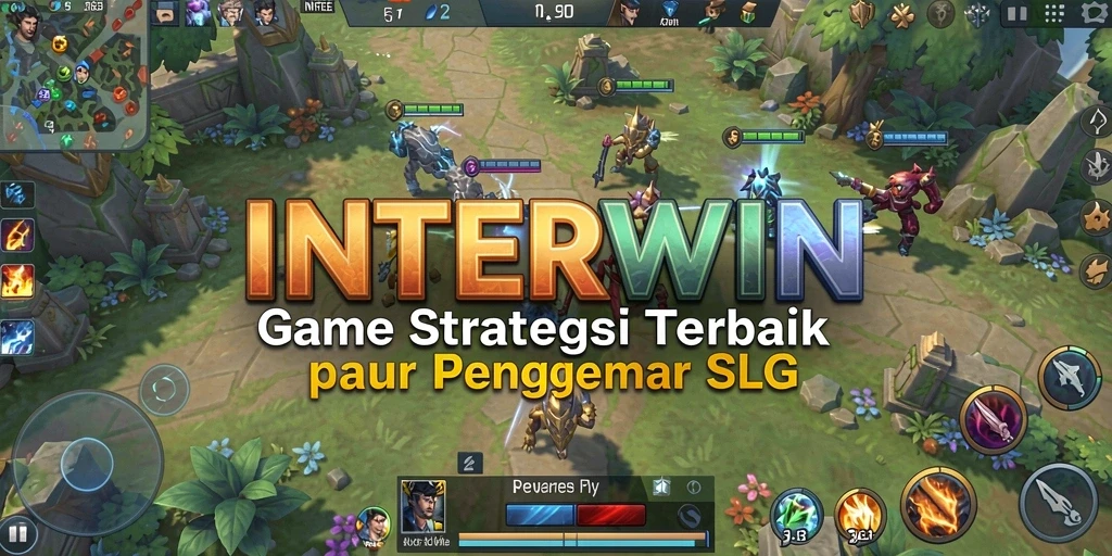 Screenshot INTERWIN menampilkan aksi strategi intens dan pembangunan kerajaan.