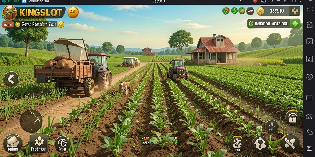 Gameplay KINGSLOT menampilkan petani yang sibuk di ladang.