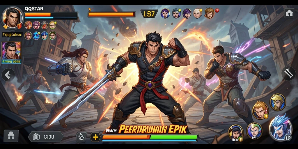 Screenshot gameplay QQSTAR menampilkan pertarungan seru antara karakter.